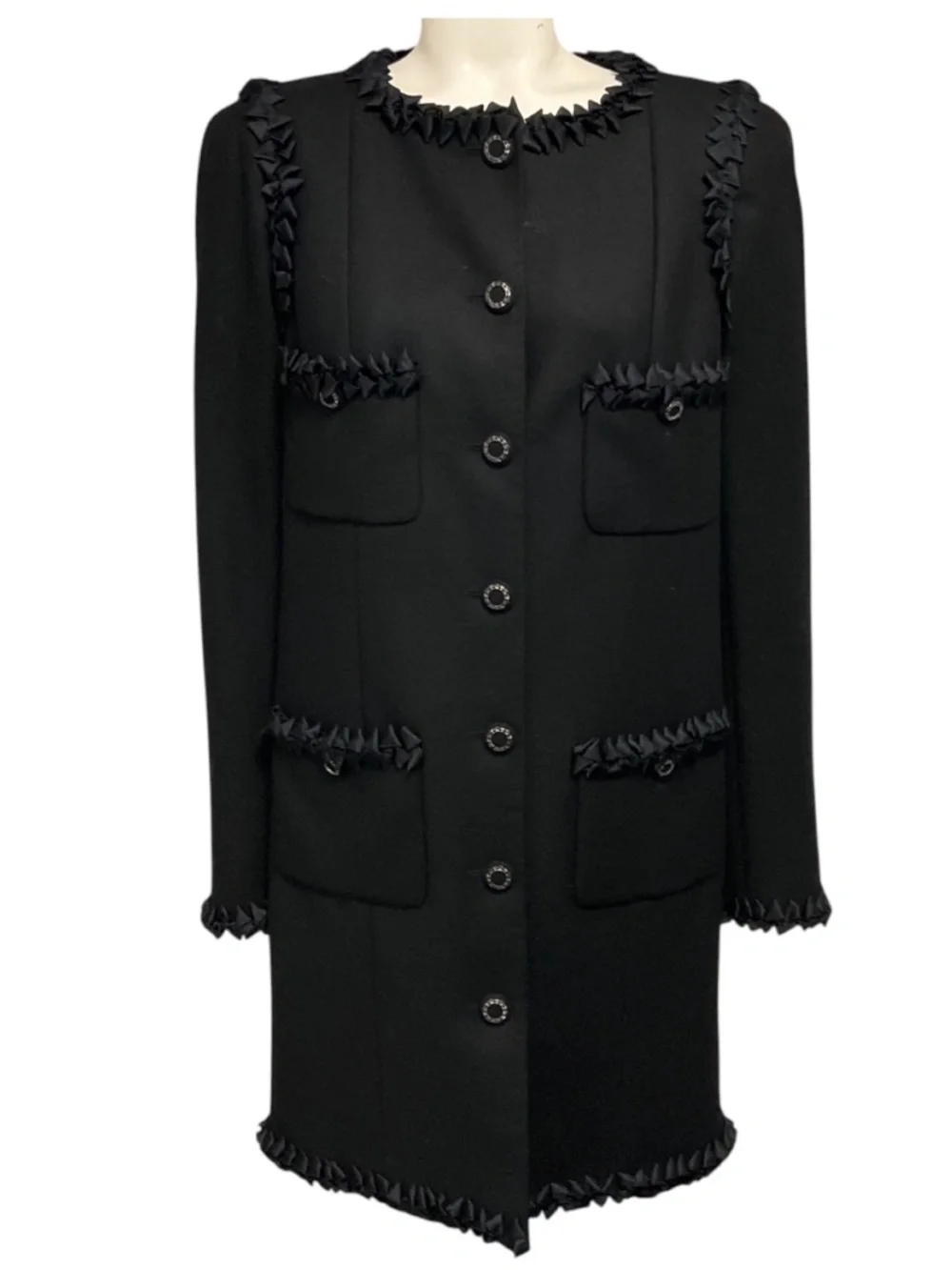 CHANEL BLACK 2008 SILK RIBBON TRIMMED WOOL AND CASHMERE COAT WITH CHAIN DETAILED